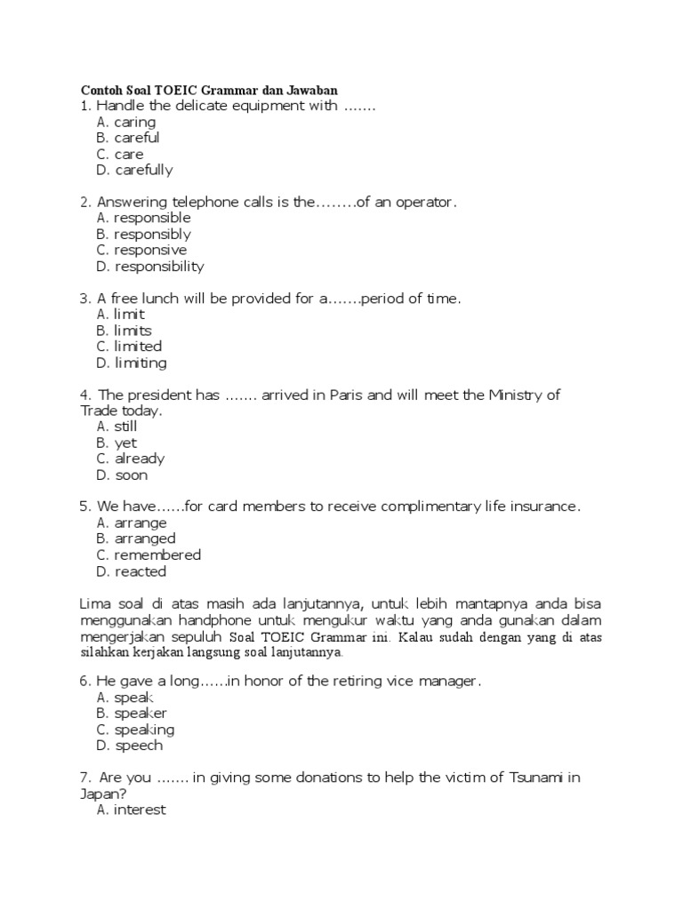 Pdf Contoh Soal Toeic Grammar Dan Jawaban Pdf