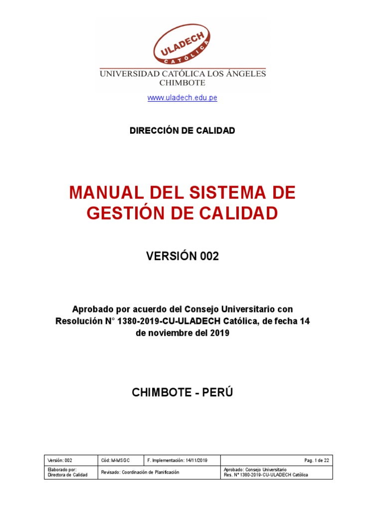 Manual de Gestión de Calidad ULADECH | PDF | Sistema de manejo de ...