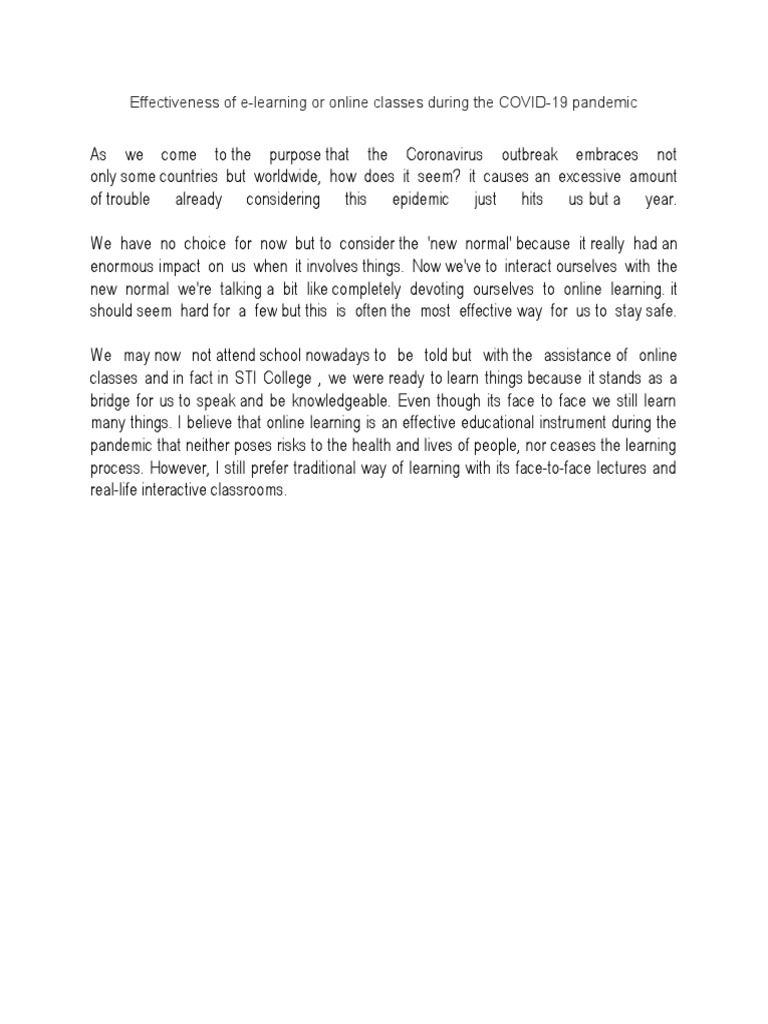Effectiveness of E-Learning or Online Classes During The COVID-19 ...