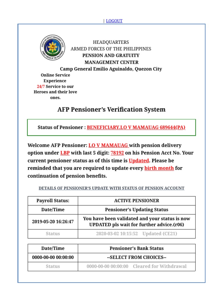 AFP Pensioner Status Update Guide | PDF
