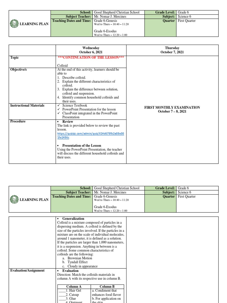 Grade 6 Science: Colloids Lesson Plan | PDF | Colloid | Particle