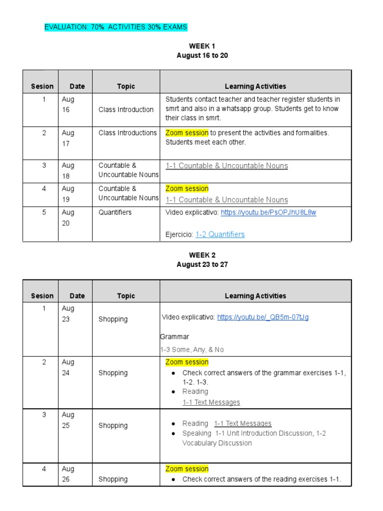 English Course Weekly Schedule | PDF | Noun | Linguistic Typology