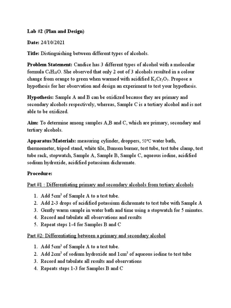 Chem Lab 2 Plan and Design PDF Alcohol Aldehyde