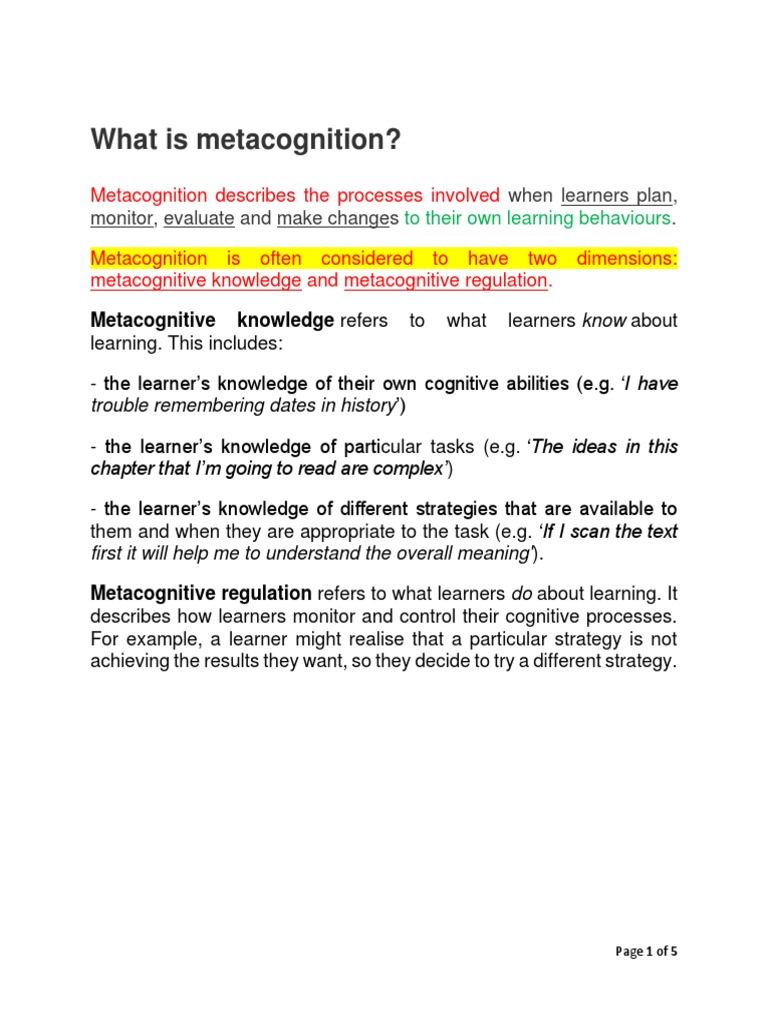 Understanding Metacognition in Learning | PDF | Metacognition | Learning