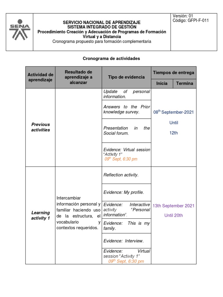 Cronograma de Actividades SENA INGLES PDF