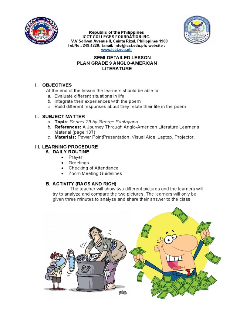 Semi-Detailed Lesson Plan Grade 9 Anglo-American Literature | PDF