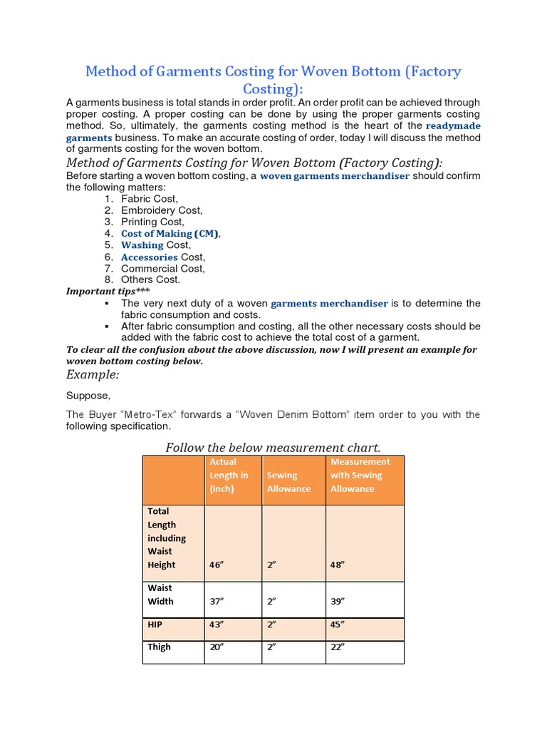 Woven Pant Garments Costing PDF Clothing Waist