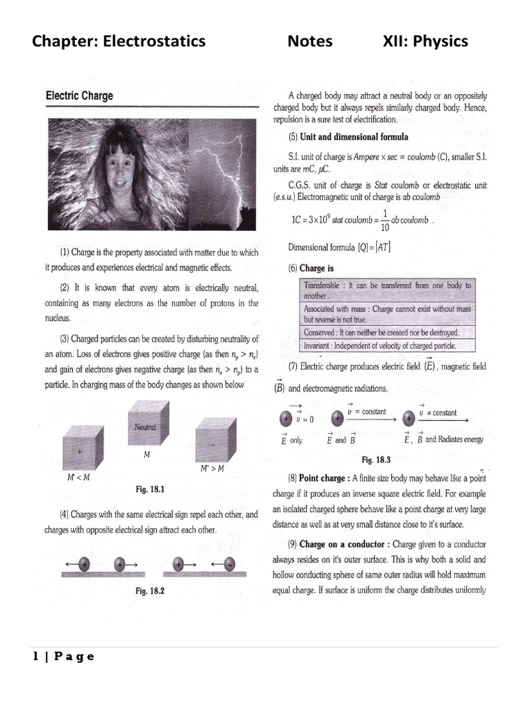 Chapter: Electrostatics Notes XII: Physics: 1 - Page | PDF