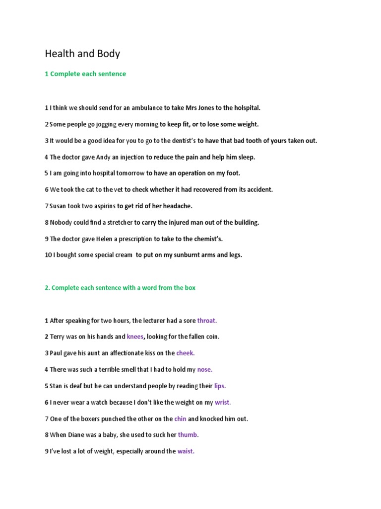 Health and Body: 1 Complete Each Sentence | PDF | Clinical Medicine ...