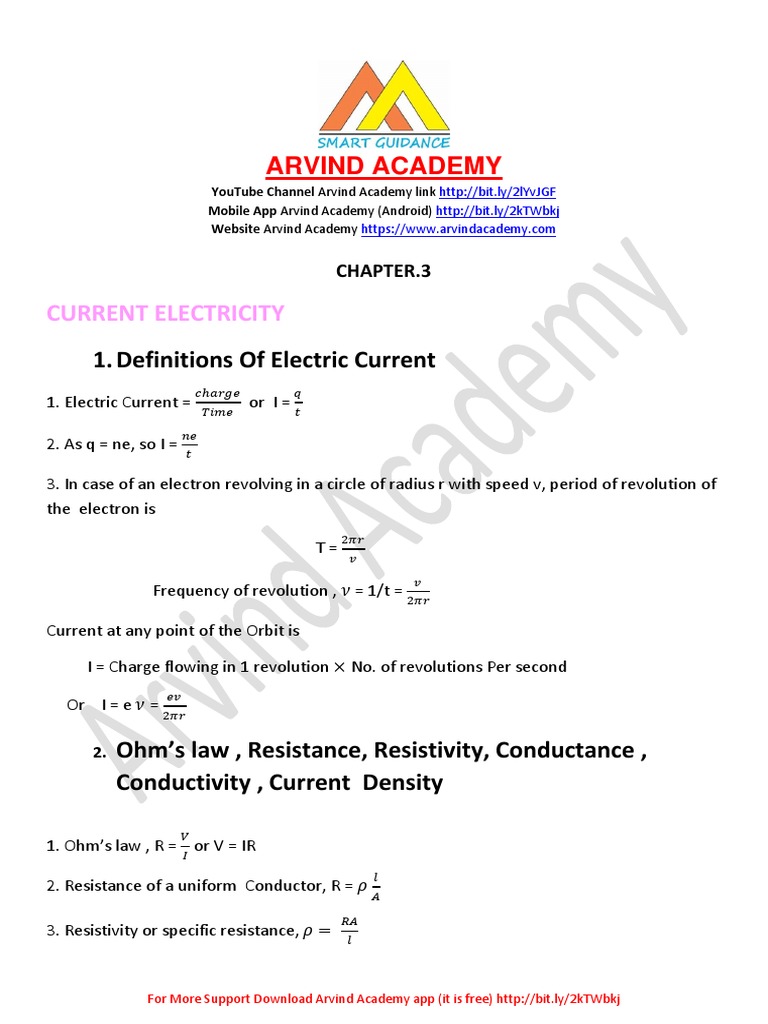 Chap 03 Current Electricity (Formula Sheet) PDF Electrical Resistivity And Conductivity