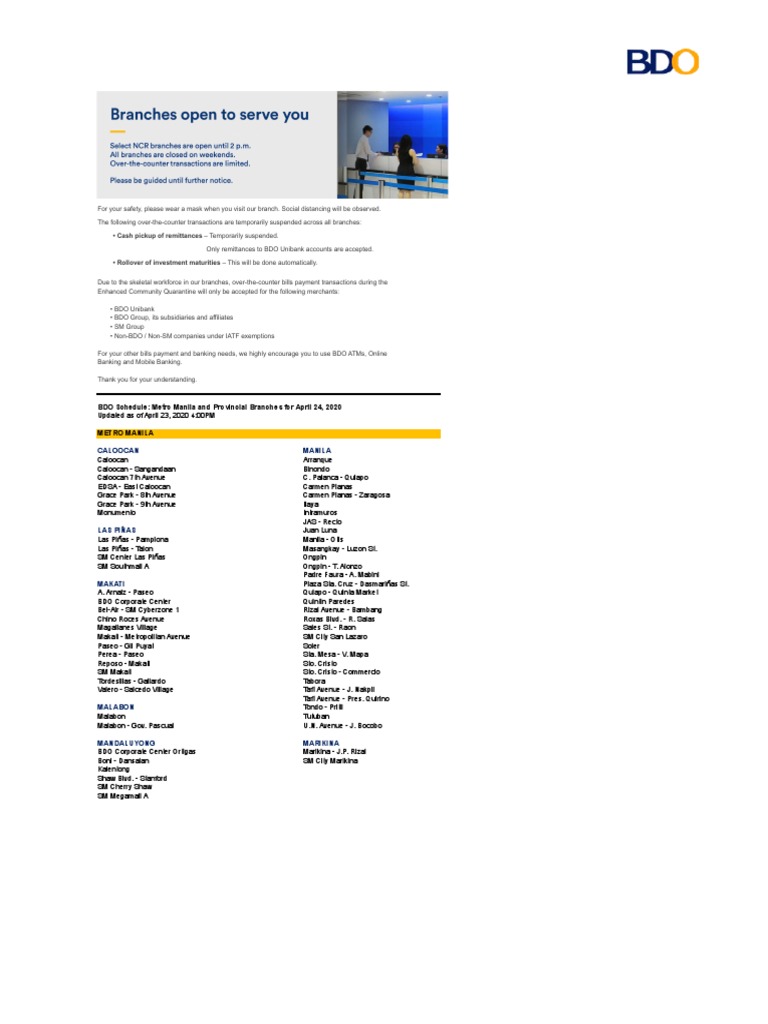 BDO Branch Operations Update April 2020 | PDF | Makati | Metro Manila