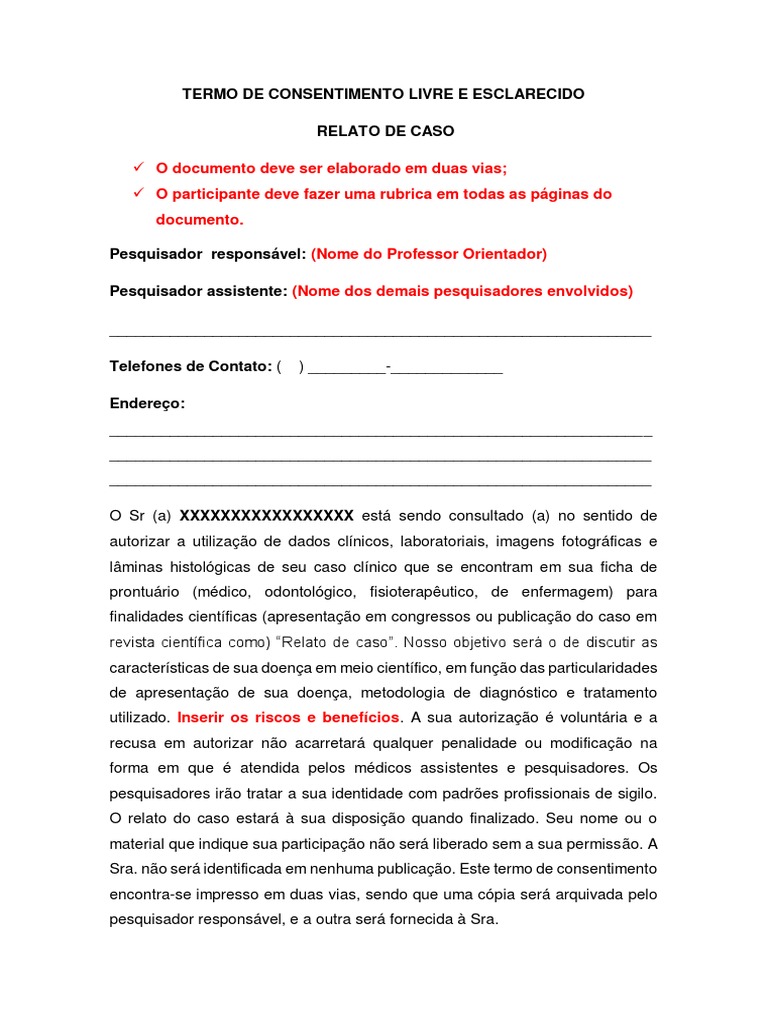 Modelo de Termo de Consentimento Livre e Esclarecido Relato de Caso PDF Science