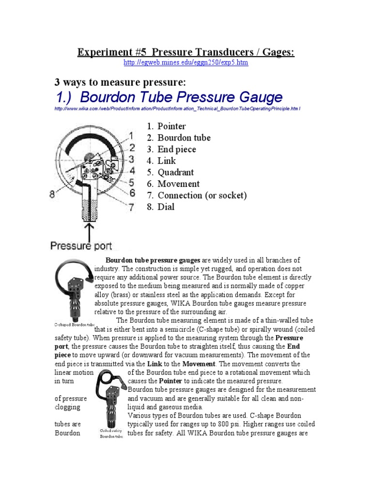 1.) Bourdon Tube Pressure Gauge Experiment 5 Pressure Transducers / Gages 3 Ways To Measure