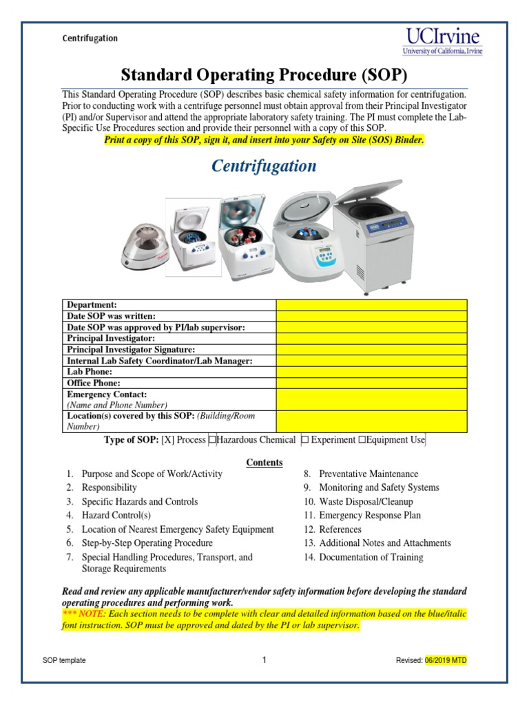 Standard Operating Procedure (SOP) : Centrifugation | PDF ...