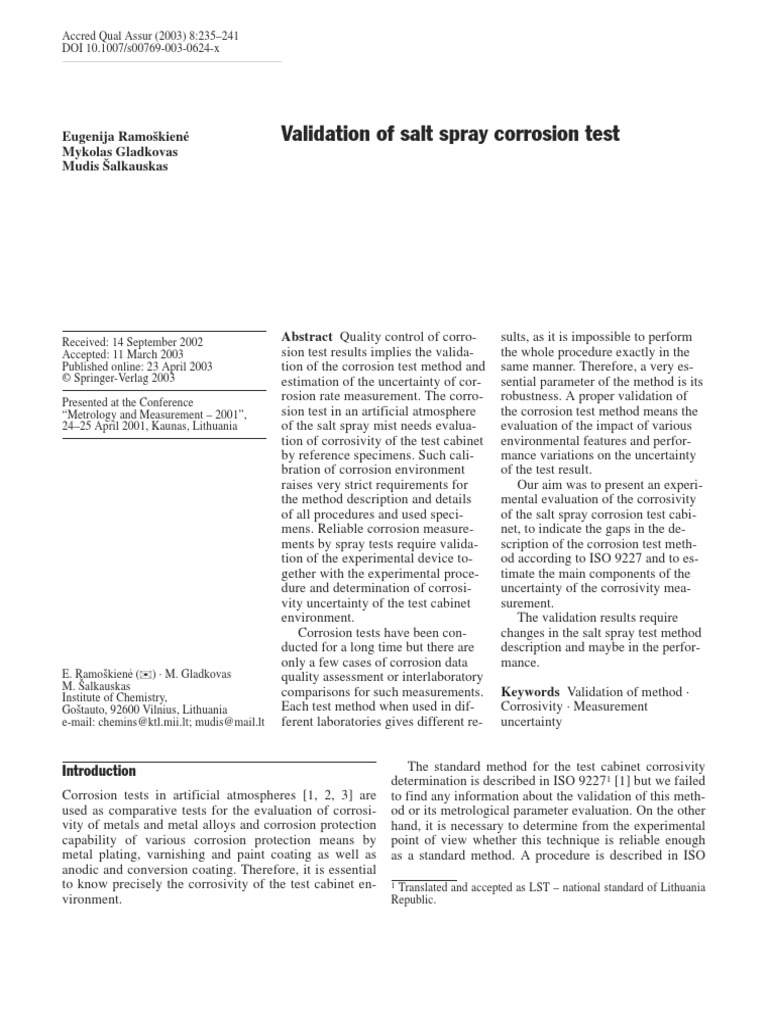 Validation of Salt Spray Corrosion Test | PDF | Corrosion | Accuracy ...