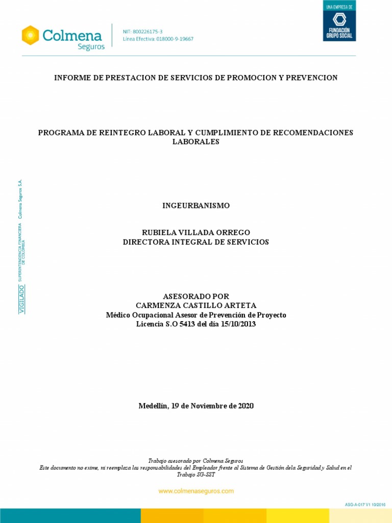 Programa de Reintegro Laboral Colmena | PDF | Seguridad y salud ...