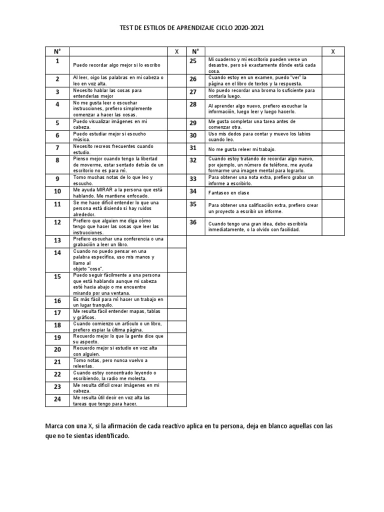 Test Estilos de Aprendizaje para Imprimir | PDF