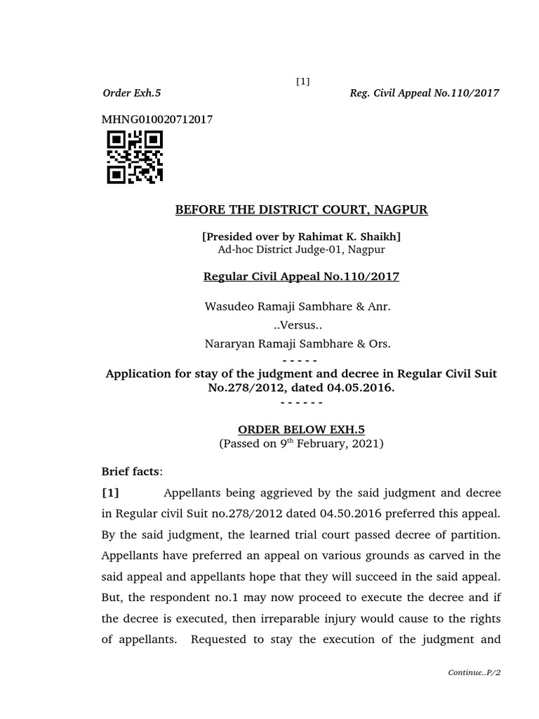 Before The District Court, Nagpur Regular Civil Appeal No.110/2017