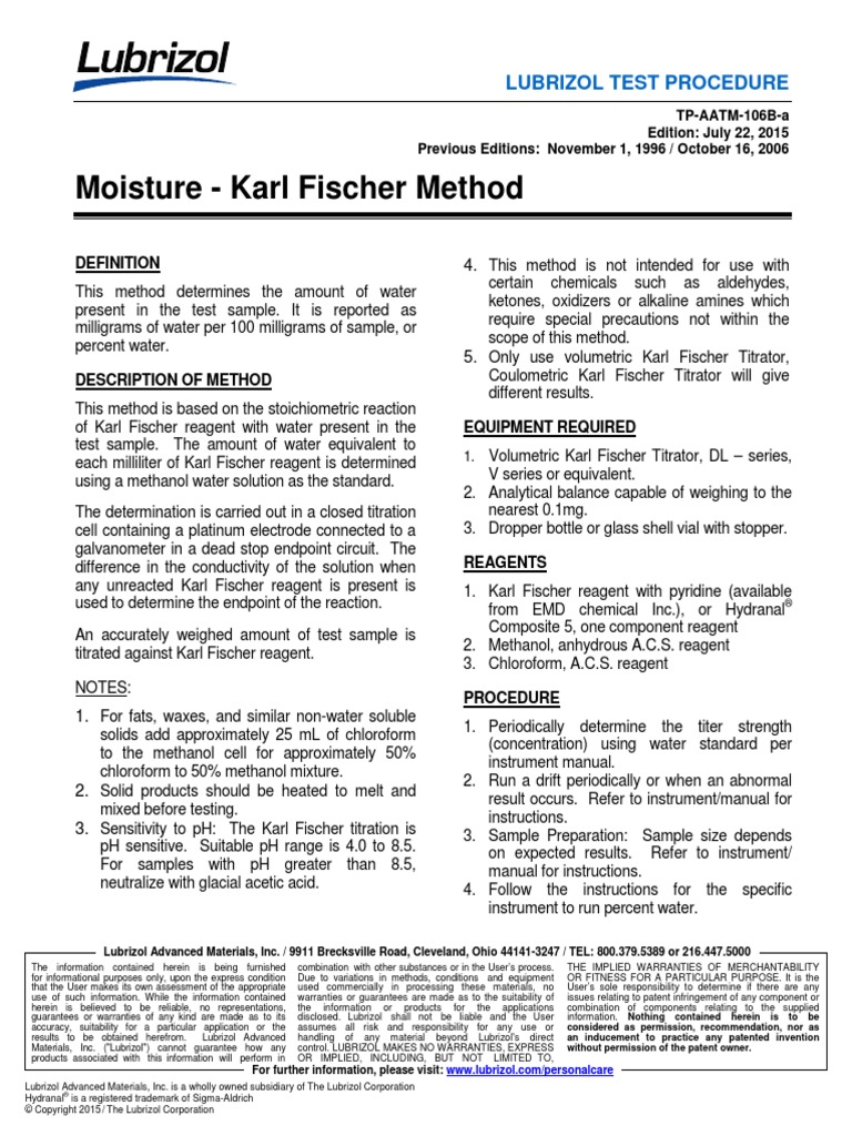 TP-AATM 106b-A Moisture Karl Fischer Method | Download Free PDF ...