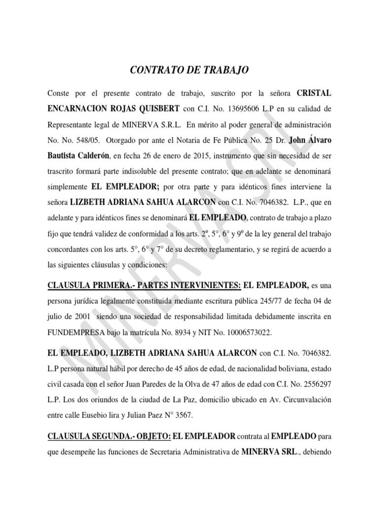 Contrato De Trabajo Minerva Srl Pdf Derecho Laboral Salario