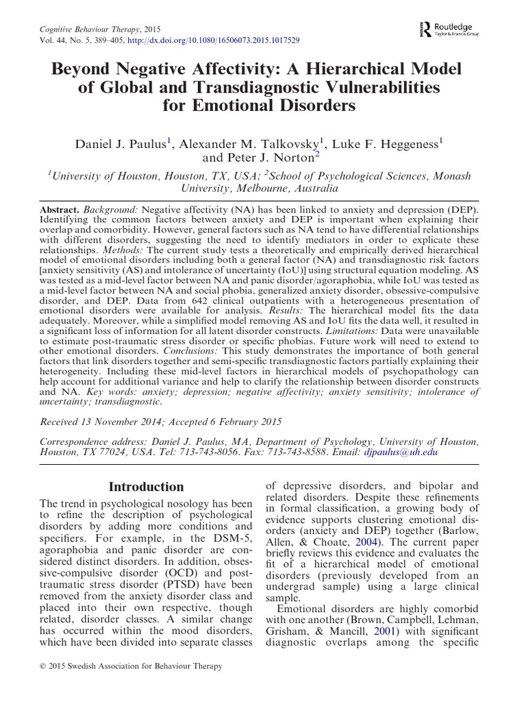 Beyond Negative Affectivity A Hierarchical Model | PDF | Anxiety ...