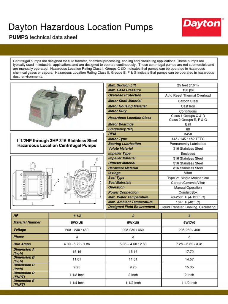 Dayton Hazardous Location Centrifugal Pumps Data Sheet PDF Pump
