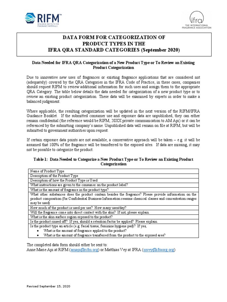 Data Form For Categorization of Product Types in The Ifra Qra Standard