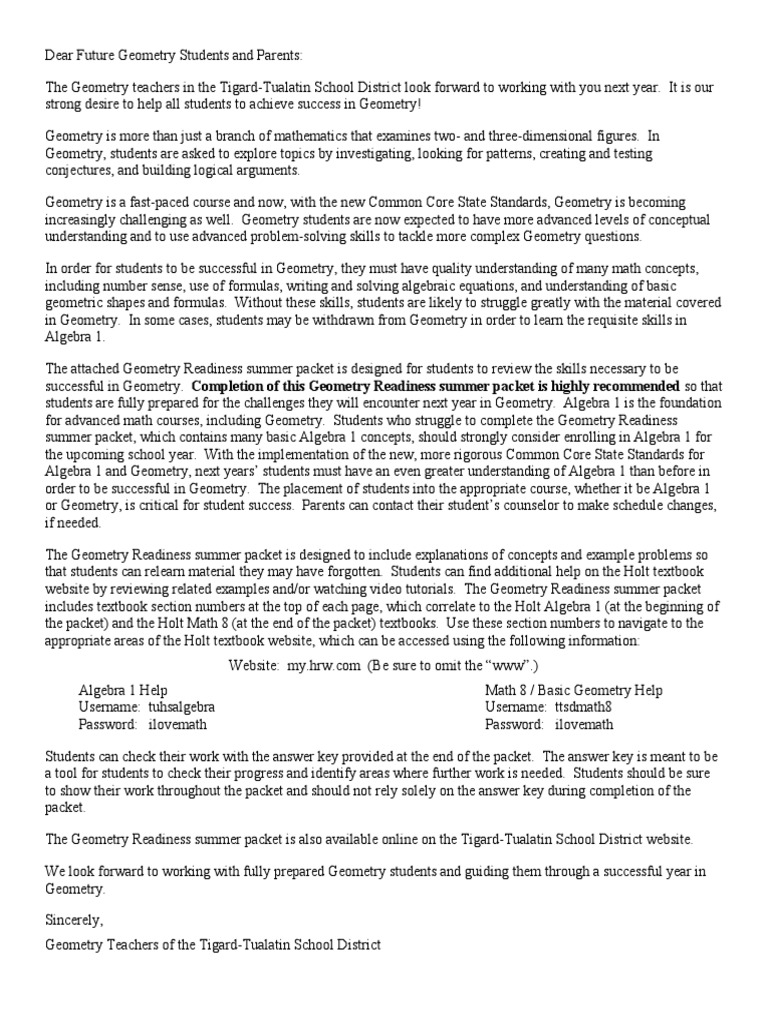 Geometry Readiness Summer Packet PDF Geometry Mathematics