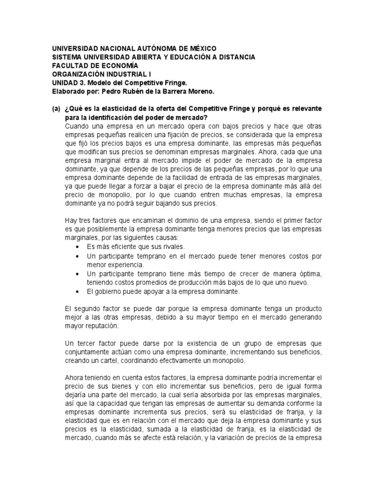 Elasticidad y Poder de Mercado en Competitive Fringe | PDF | Monopolio ...