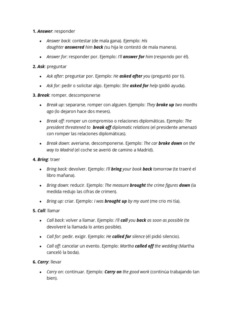 Lista de Phrasal Verbs en Inglés y Español | PDF