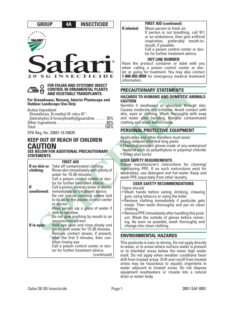 Label Safari Insecticide USA 2007SAF0001 Safari 20 SG Form