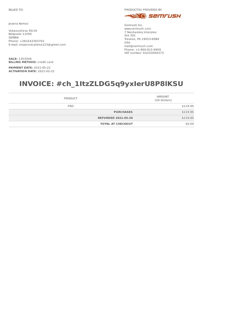 Semrush Invoice for Jovana Kerkez | PDF