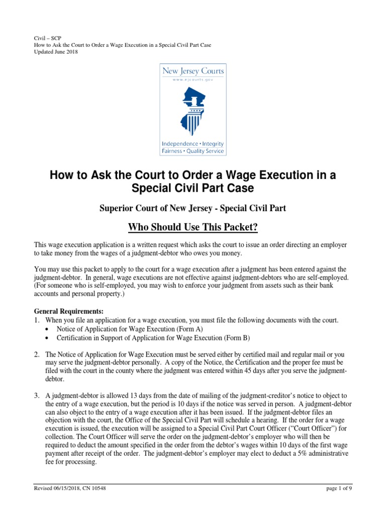 How To Ask The Court To Order A Wage Execution in A Special Civil Part ...