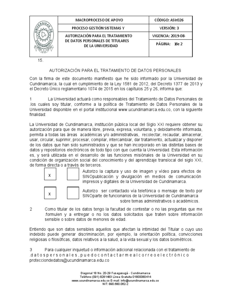 Autorización para Tratamiento de Datos | PDF | Ciencias sociales ...