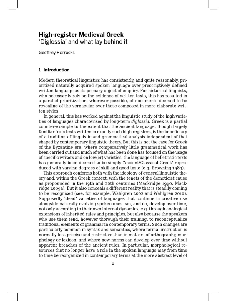 High Register Byzantine Greek Diglossia | PDF | Linguistics | Grammar