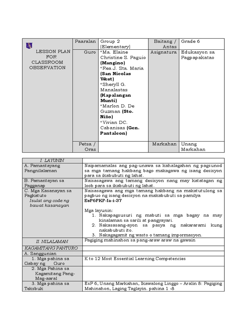 Group 2 Elementary - Prototype Lesson Plan in EsP 6 | PDF
