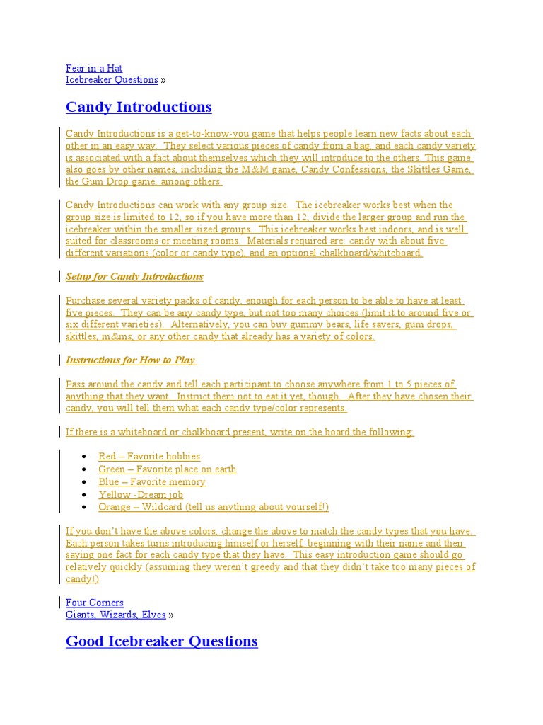 Candy Introductions: Fear in A Hat Icebreaker Questions | PDF | Candy