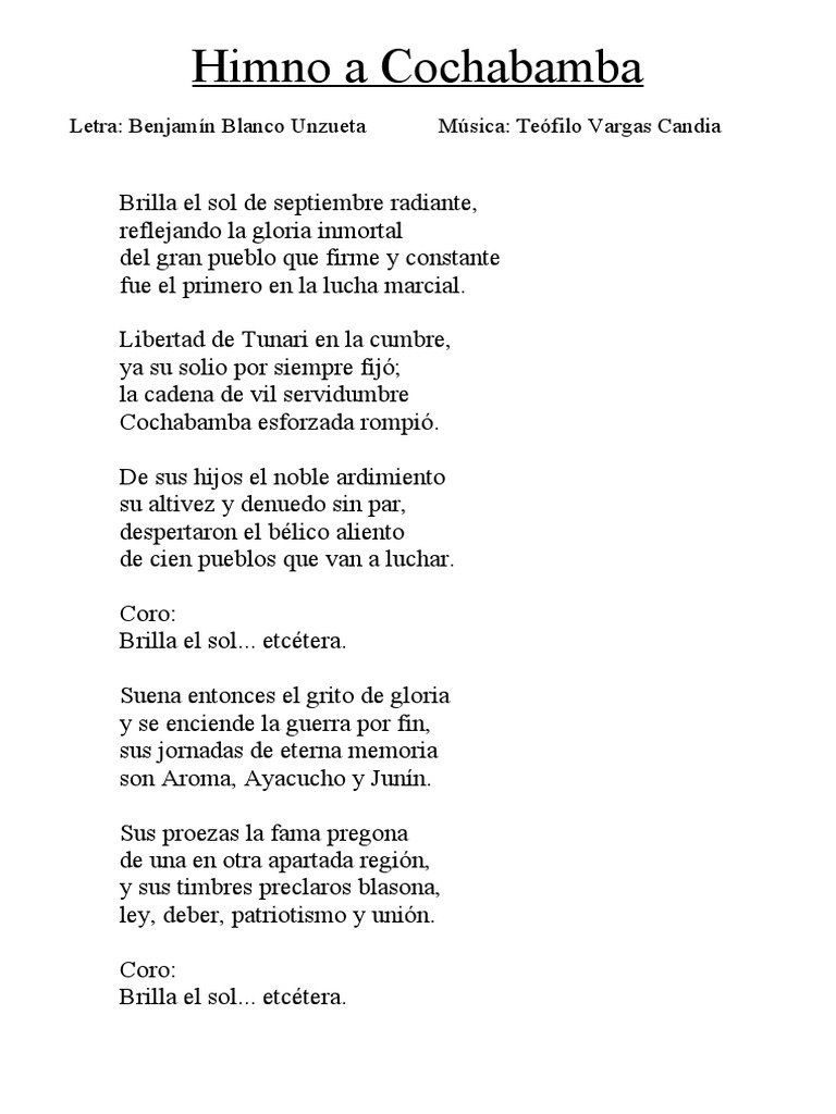Himno A Cochabamba Pdf Viajes Y Turismo Poesía
