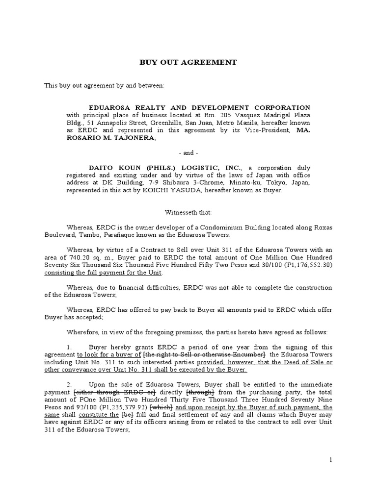 Buy Out Agreement Eduarosa Realty and Development Corporation PDF