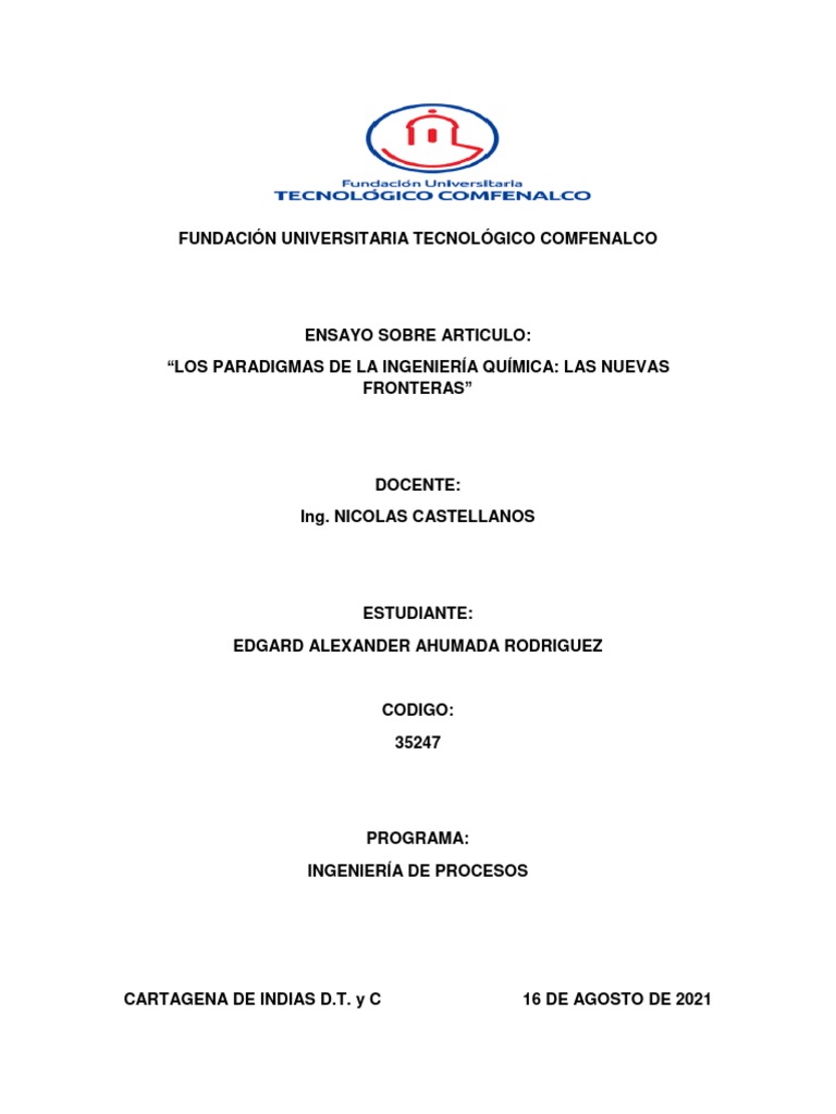 Ensayo Los Paradigmas de La Ingenieria Quimica EDGARD AHUMADA PDF Ingeniería Química