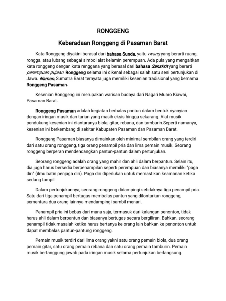 Kesenian Ronggeng Pasaman Barat: Tradisi dan Transformasi | PDF