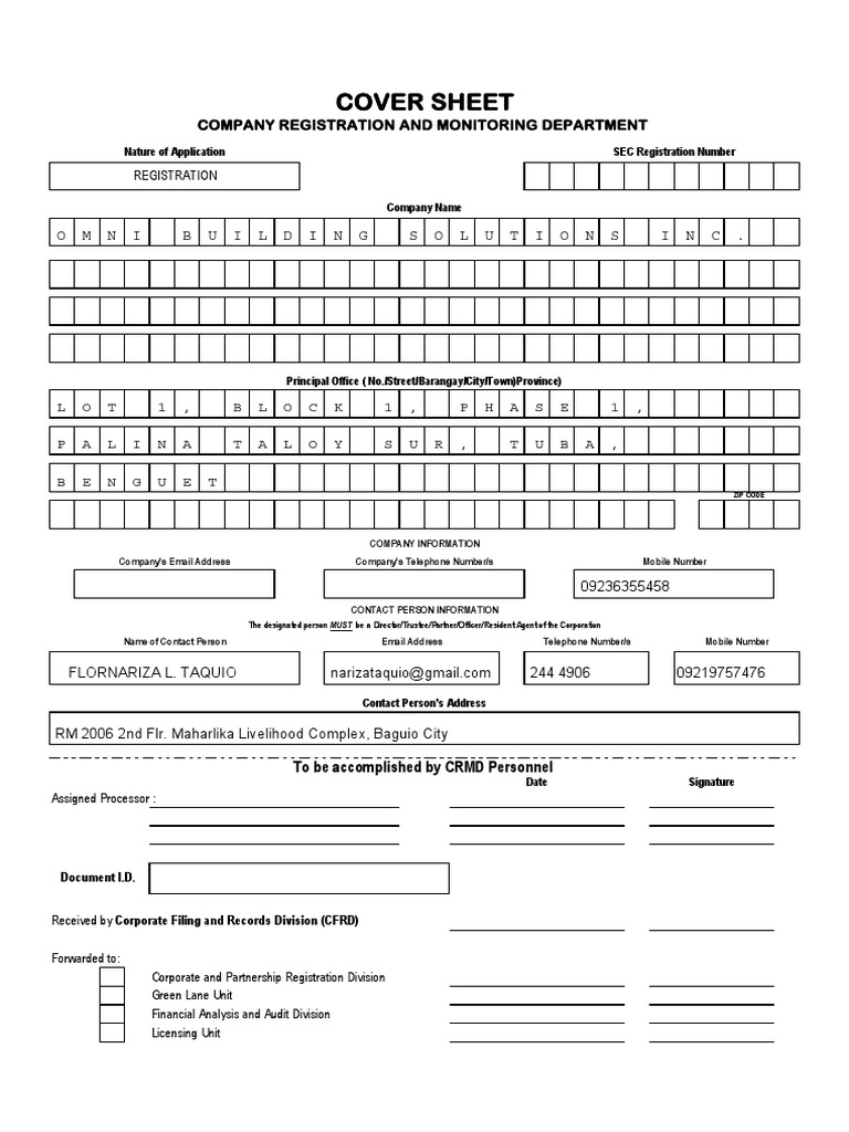 Cover Sheet Company Registration and Monitoring Department PDF