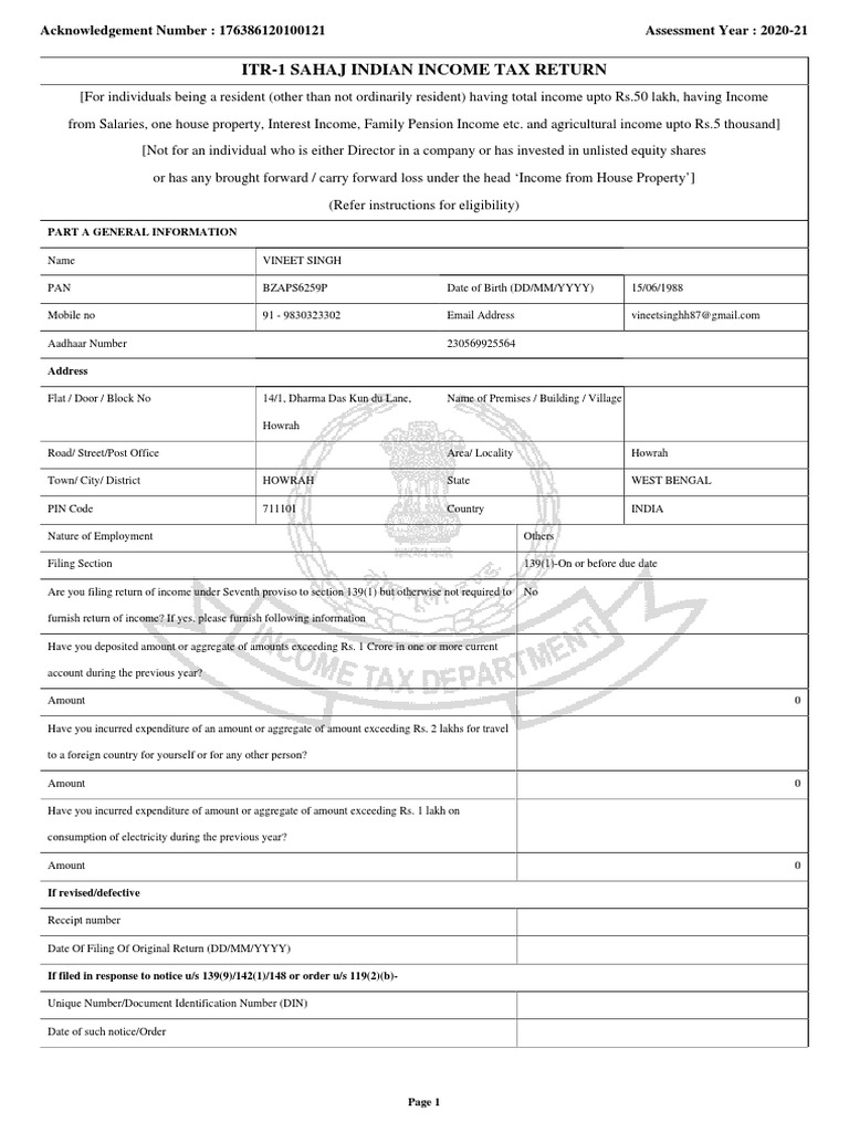 Itr1 Sahaj Indian Tax Return Acknowledgement Number