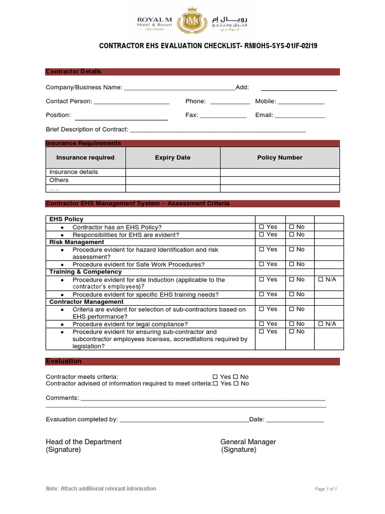 Contractor EHS Evaluation Checklist | PDF | Business