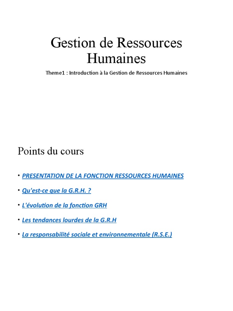 Introduction à La Gestion Des Rh Pdf Gestion Des Ressources