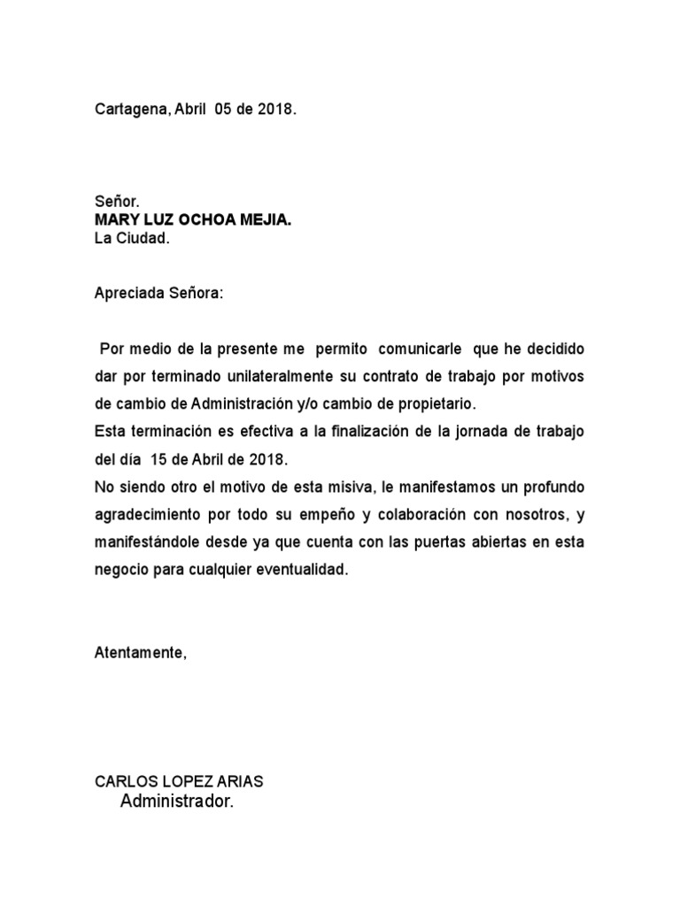 Carta De Terminacion De Contrato De Trabajo