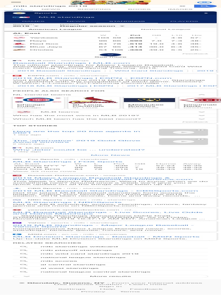 2019 MLB Regular Season Standings American League and National League