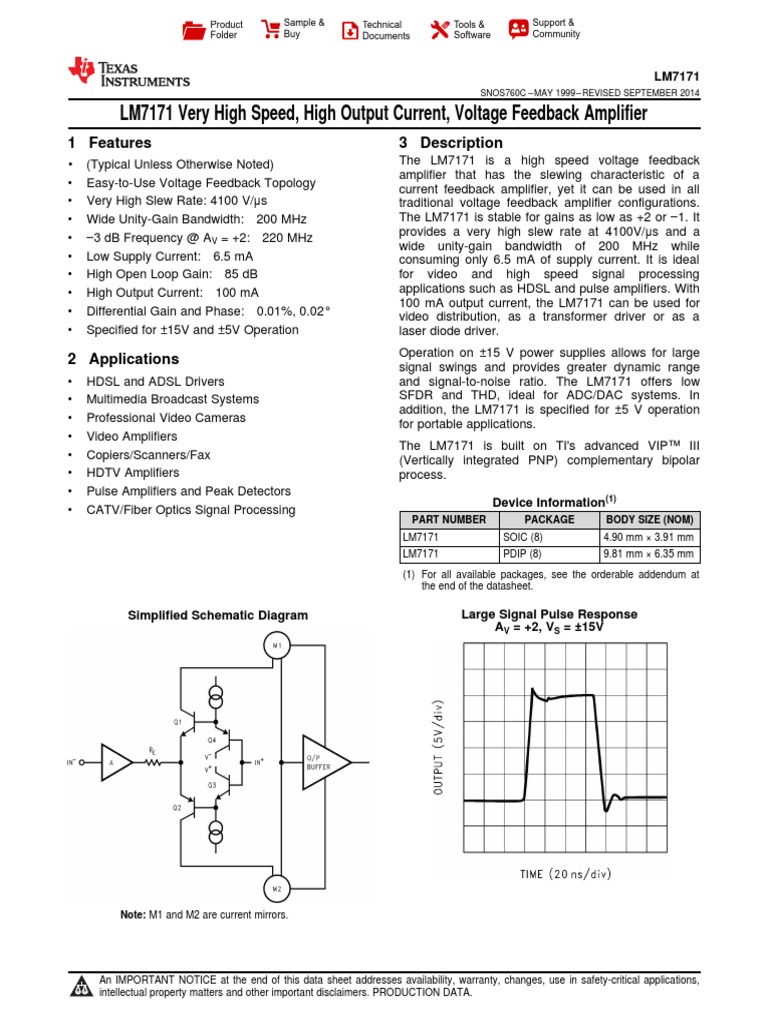 LM7171 Very High Speed, High Output Current, Voltage Feedback Amplifier ...