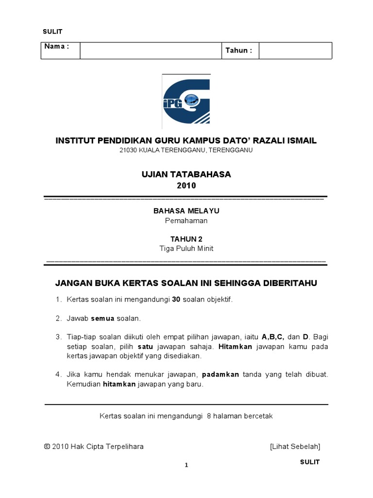 Contoh soalan ujian tatabahasa Tahun 2