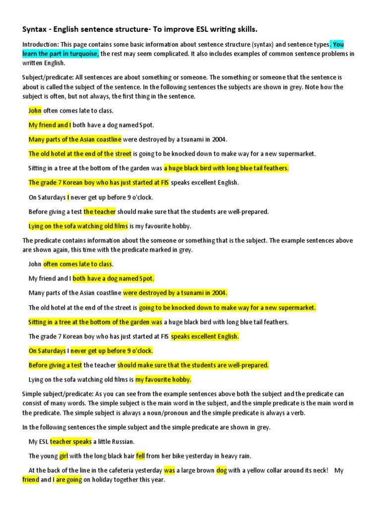 Syntax - English Sentence Structure | PDF | Subject (Grammar ...